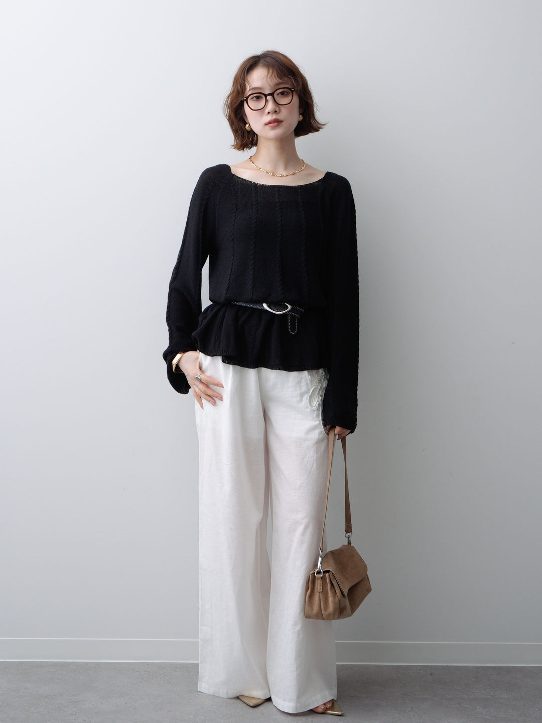 [予約]ベルト付ケーブルデザインニットトップス/black