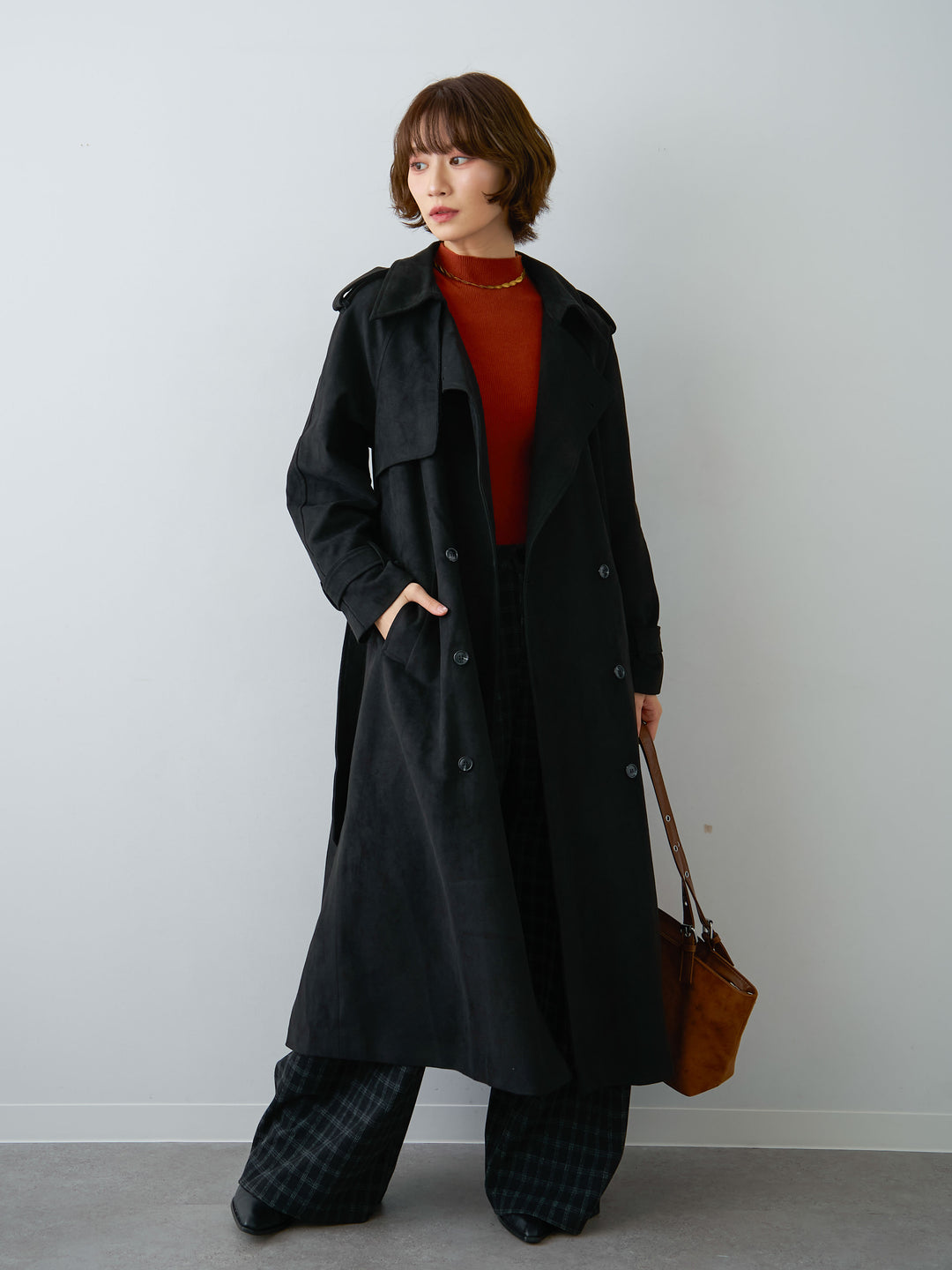 [SET]スウェードタッチロングトレンチコート+リブモックネックニットトップス+チェックサイドベルトデザインタックパンツ(3set)