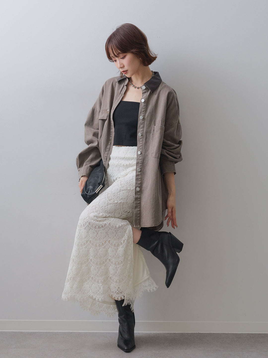 [予約]レザーカラーデザインポケットオーバーシャツ/brown