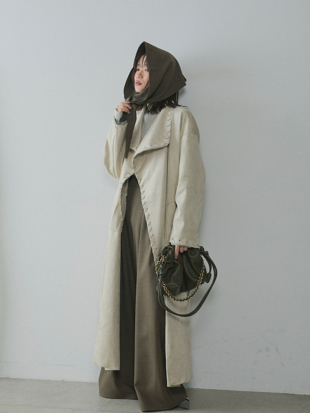 [予約]スウェードハンドステッチロングコート/ivory