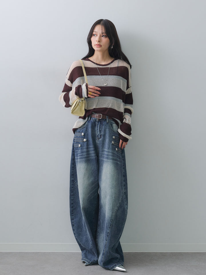 [予約]マルチボーダーメッシュニットトップス/brown