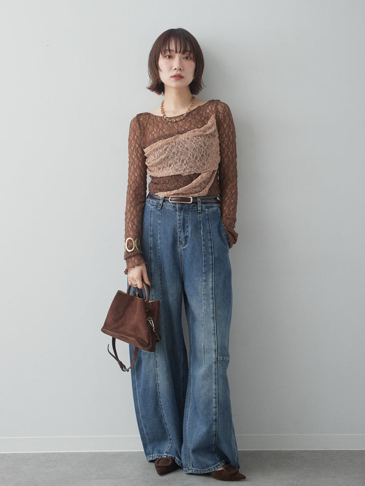 [予約]メッシュレースバイカラートップス/brown