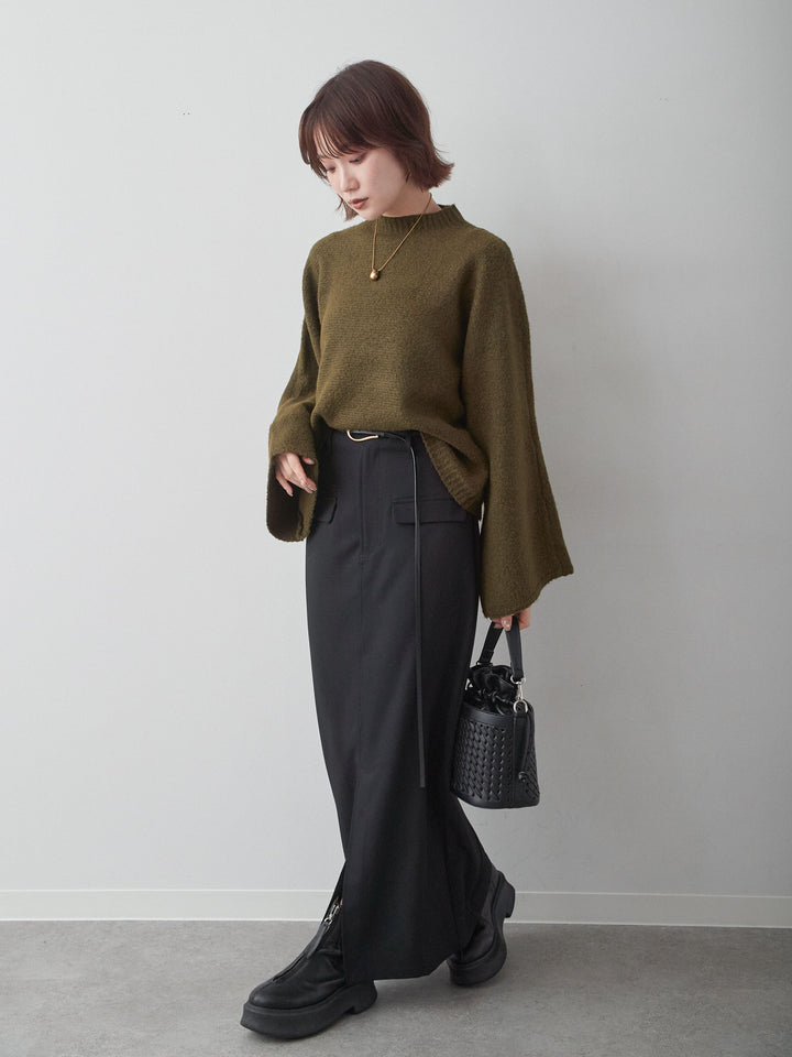[予約]ワイドスリーブボトルネックニットトップス/khaki