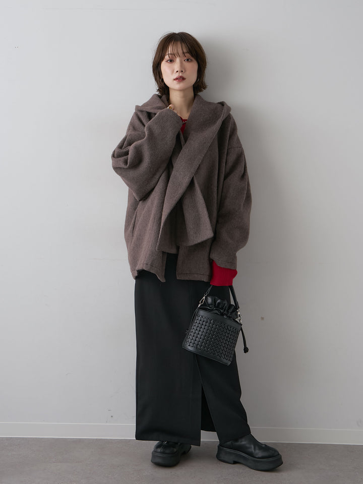 [SET]フードマフ付メランジコート+クレープデシンフラップ付きストレートスカート(2set)