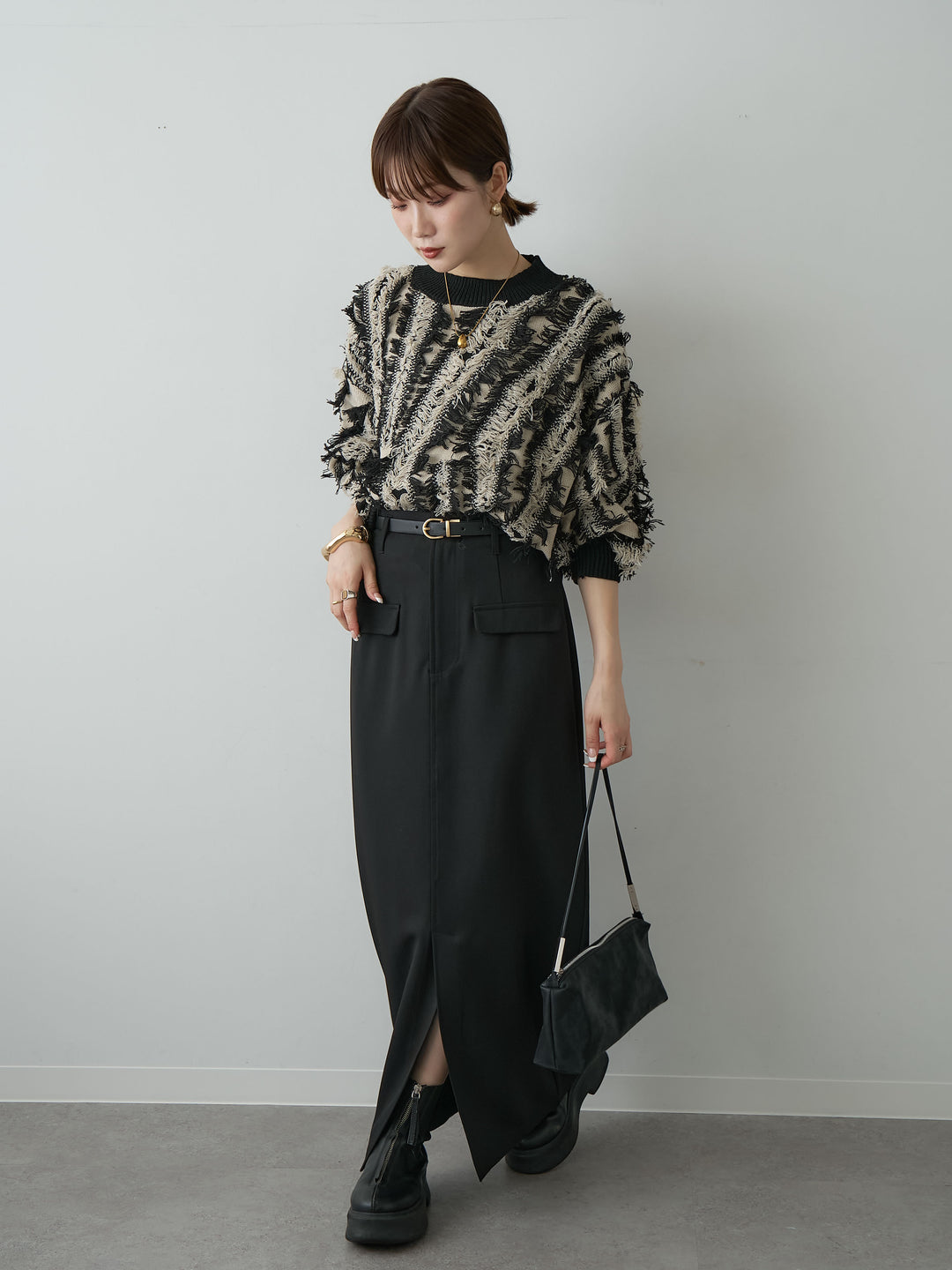 [SET]フリンジジャガードニットプルオーバー+クレープデシンフラップ付きストレートスカート(2set)