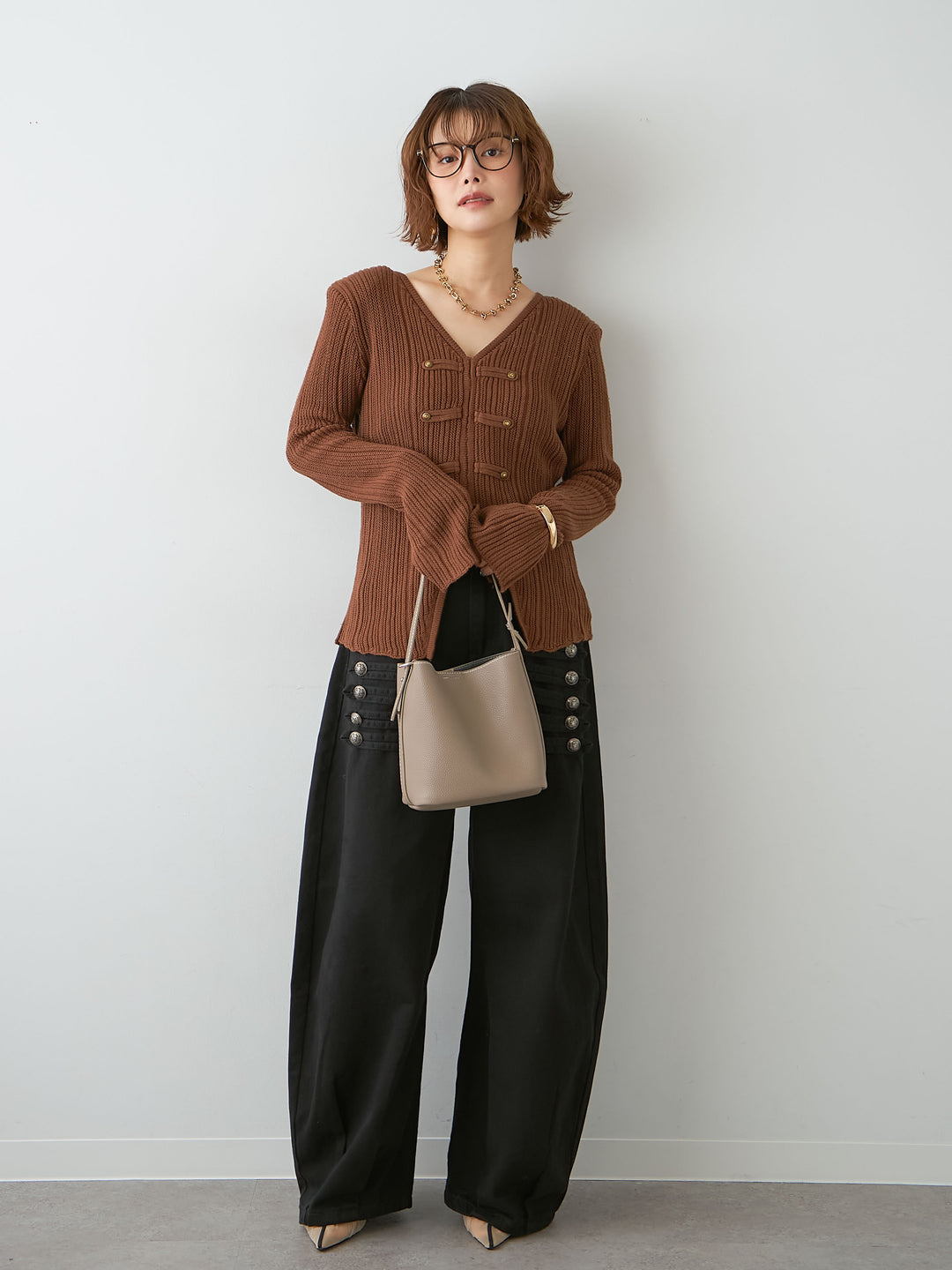 [予約]ナポレオンVネックリブニットトップス/brown