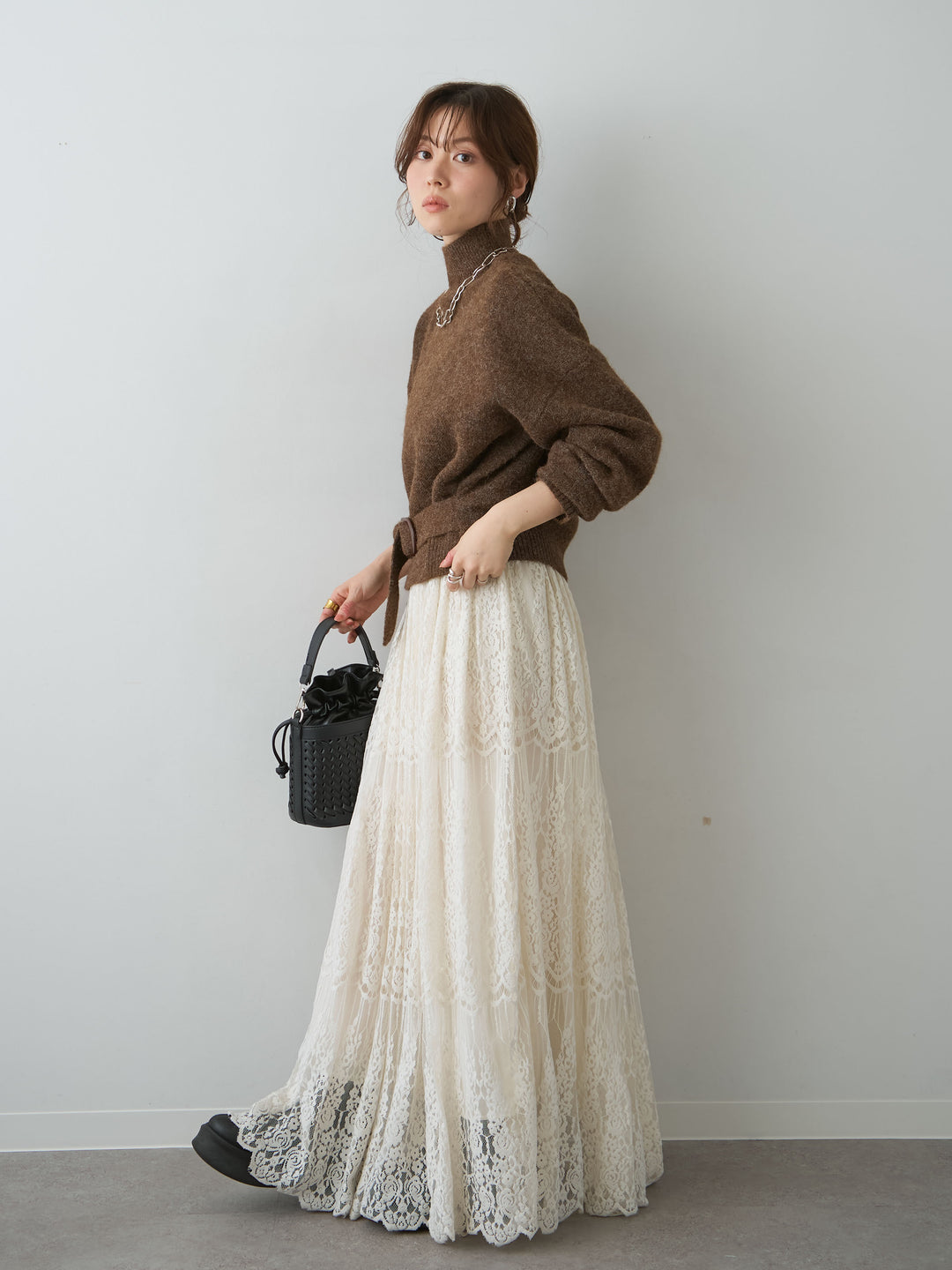 [予約]ウエストベルトハイネックニットトップス/brown