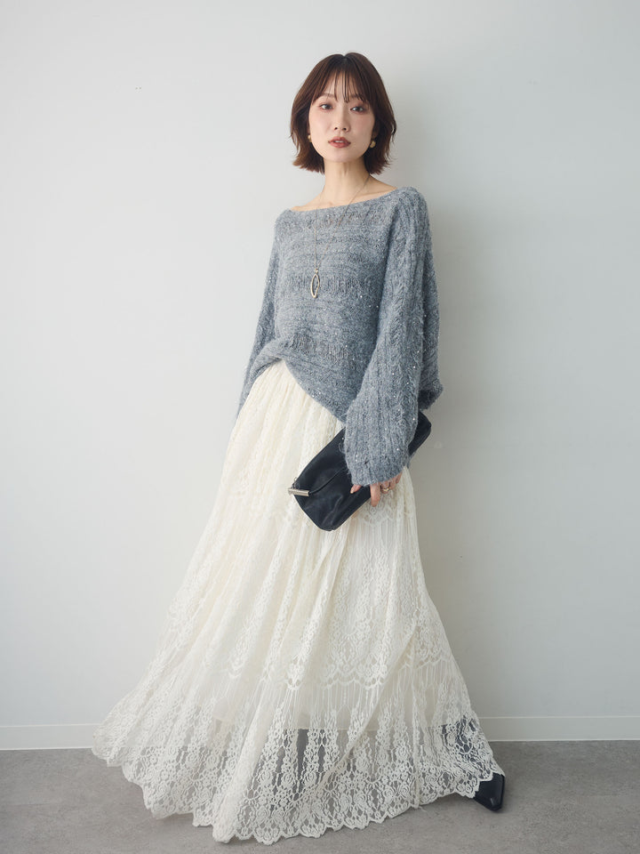 [予約]ミックス透かし編ワイドネックニットトップス/gray