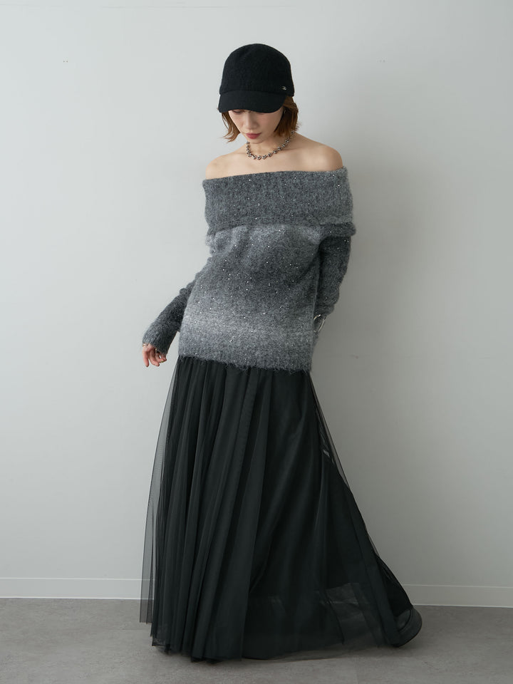 [予約]オフショルグラデーションニットトップス/gray