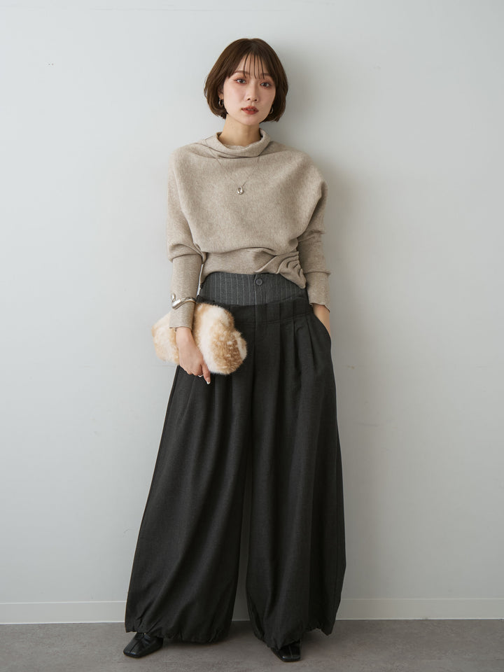 [予約]ハイネックサイドボタンギャザーニットトップス/beige
