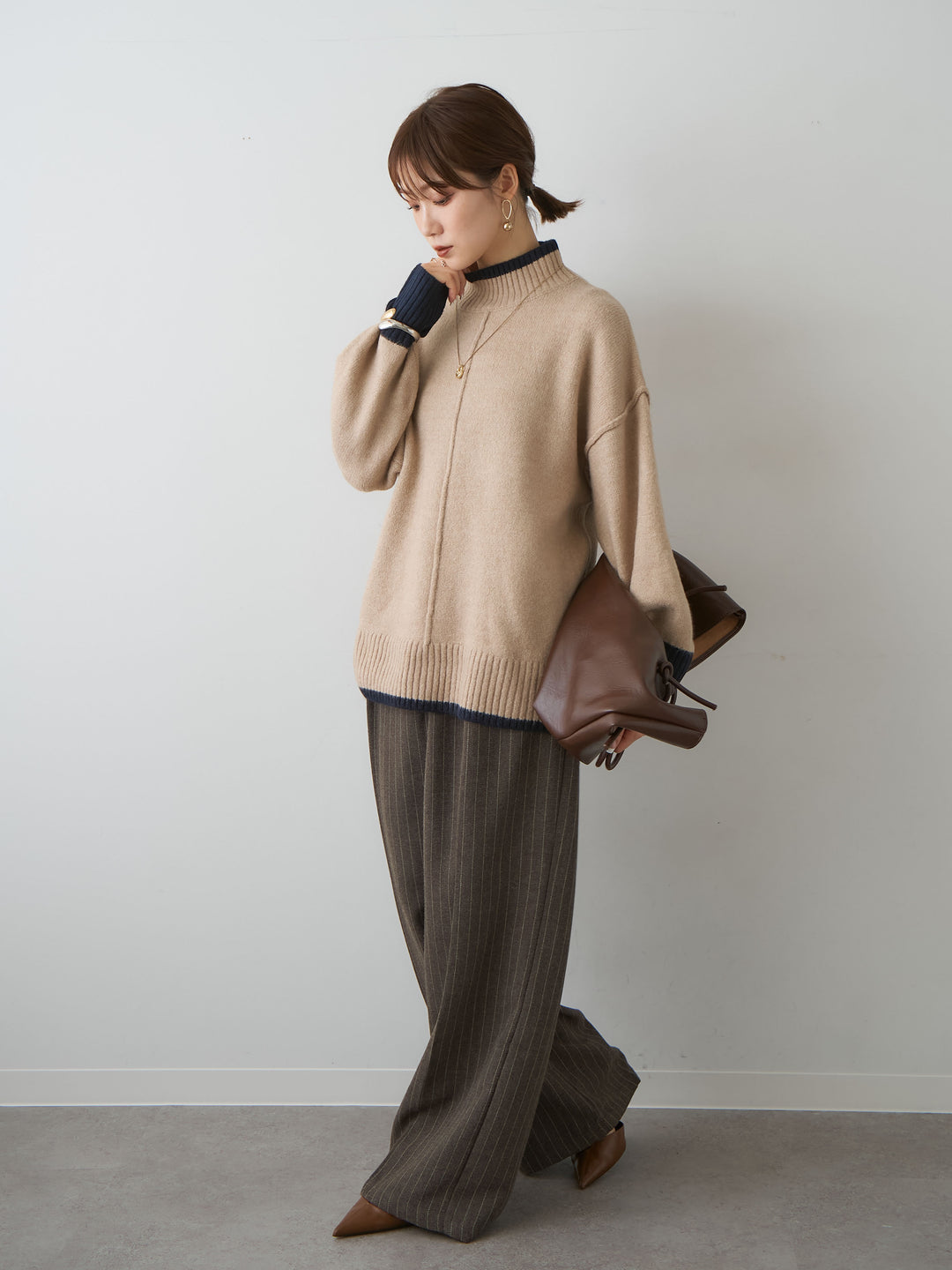 [予約]センターラインバイカラーワイドニットトップス/beige