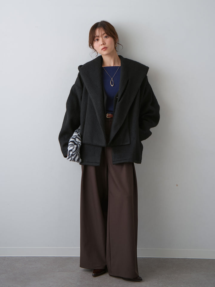 [SET]フードマフ付メランジコート+ツイルタックワイドパンツ(2set)