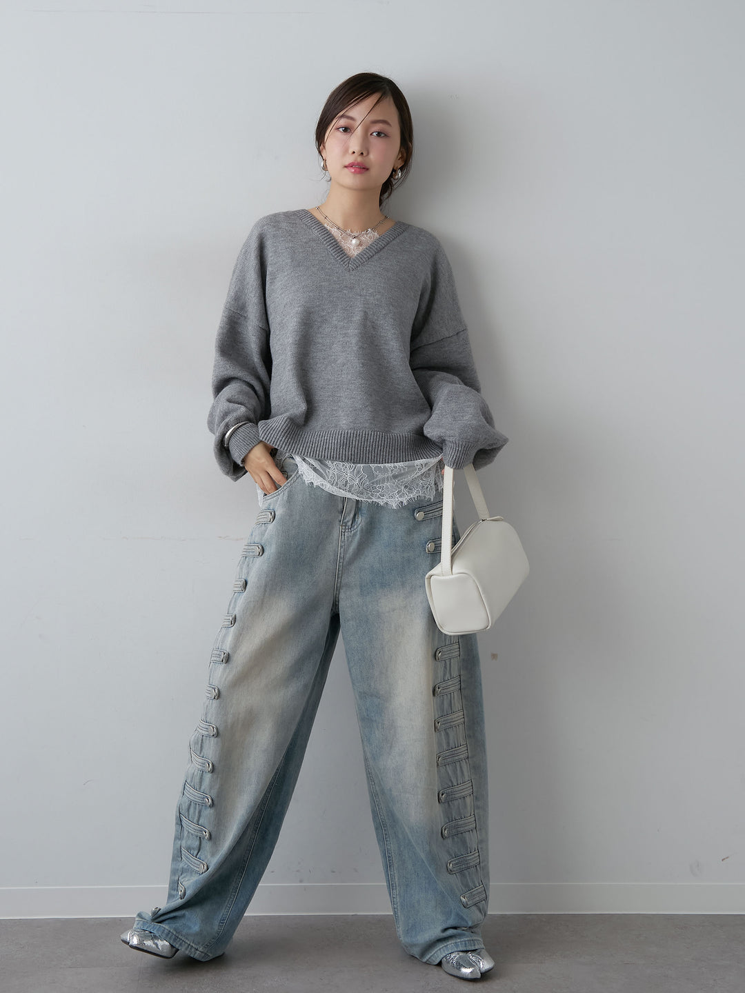 [SET]アルパカタッチレースドッキングVネックニットトップス+アルパカタッチレースドッキングVネックニットトップス(2set)
