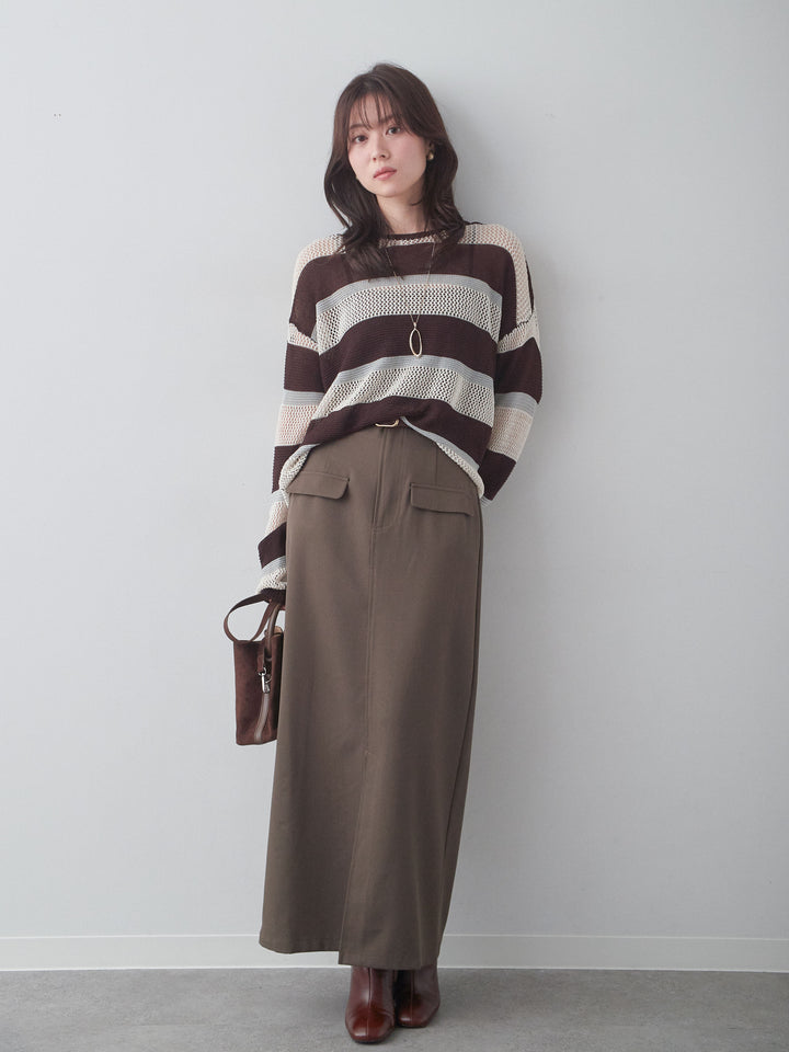 [予約]マルチボーダーメッシュニットトップス/brown
