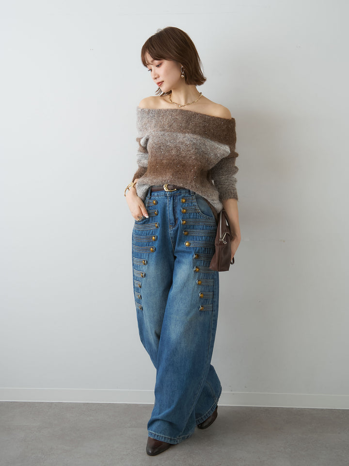[予約]オフショルグラデーションニットトップス/brown