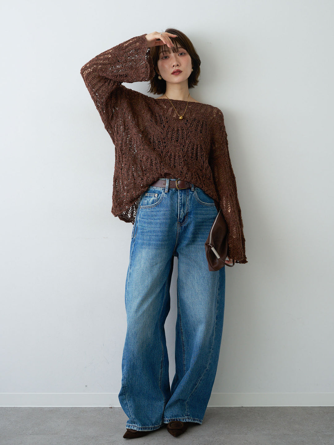 [予約]ミックスループ透かし編みニットトップス/brown
