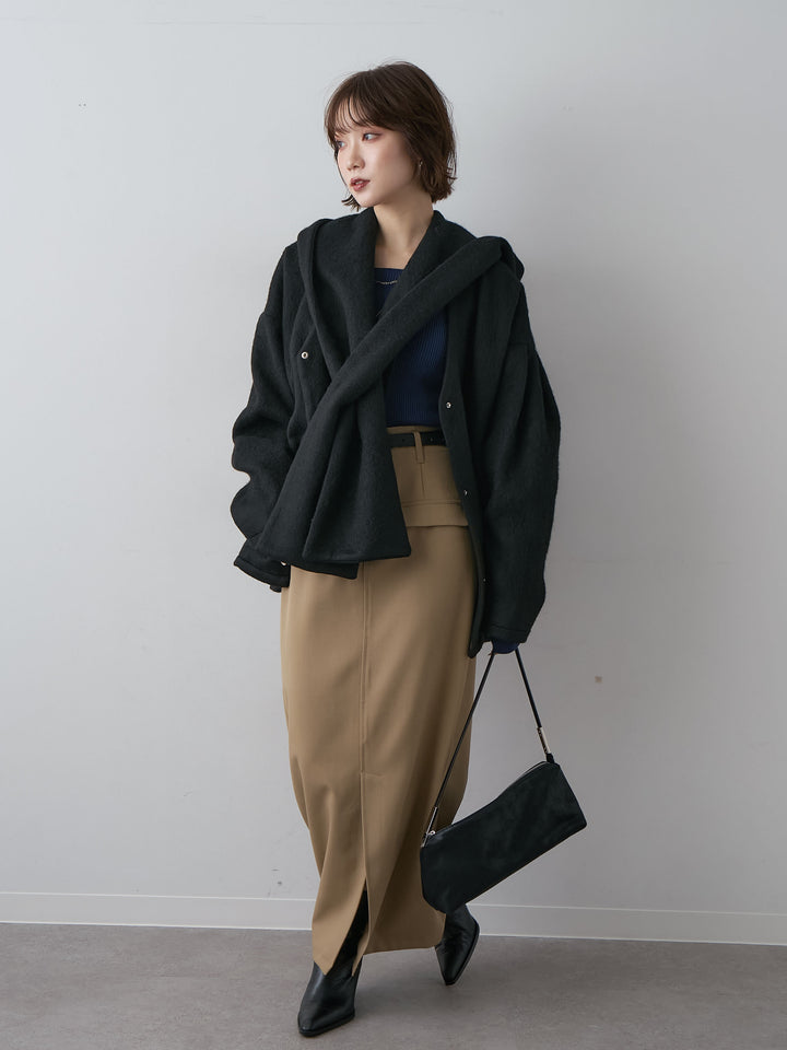 [SET]フードマフ付メランジコート+クレープデシンフラップ付きストレートスカート(2set)
