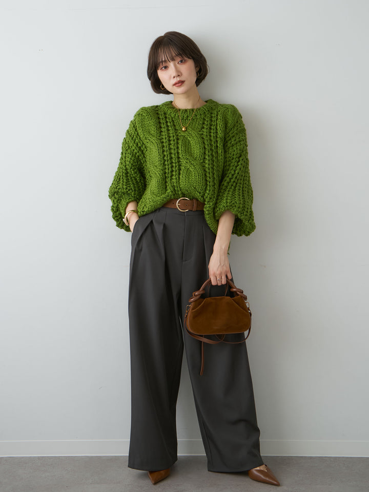 [SET]ボリュームケーブルニットプルオーバー+ツイルタックワイドパンツ(2set)