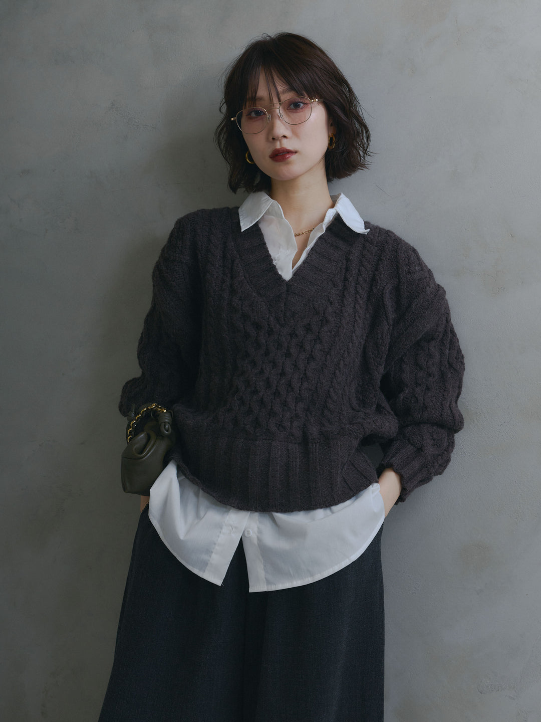 [予約]シャツレイヤードケーブルニットプルオーバー/brown