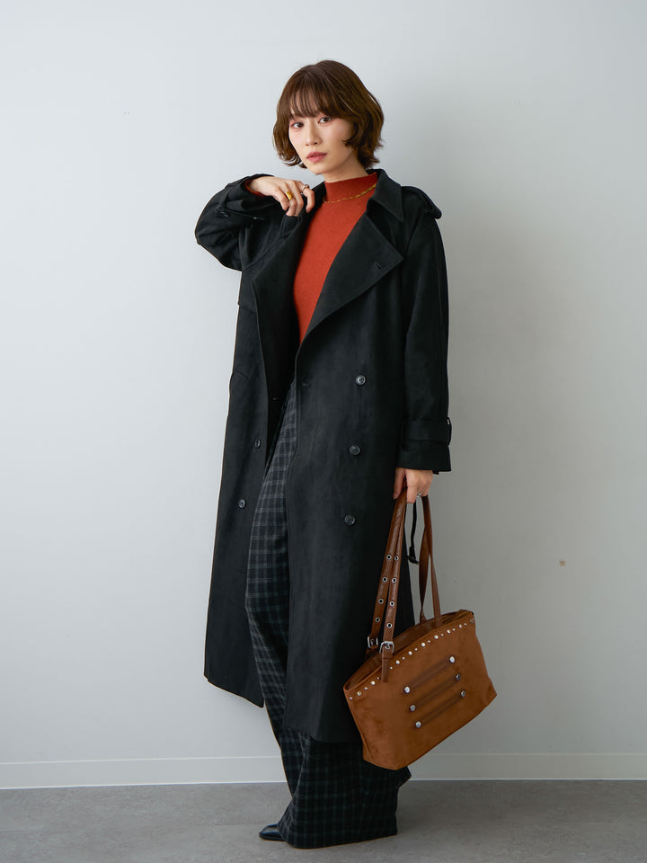 [SET]スウェードタッチロングトレンチコート+リブモックネックニットトップス(2set)