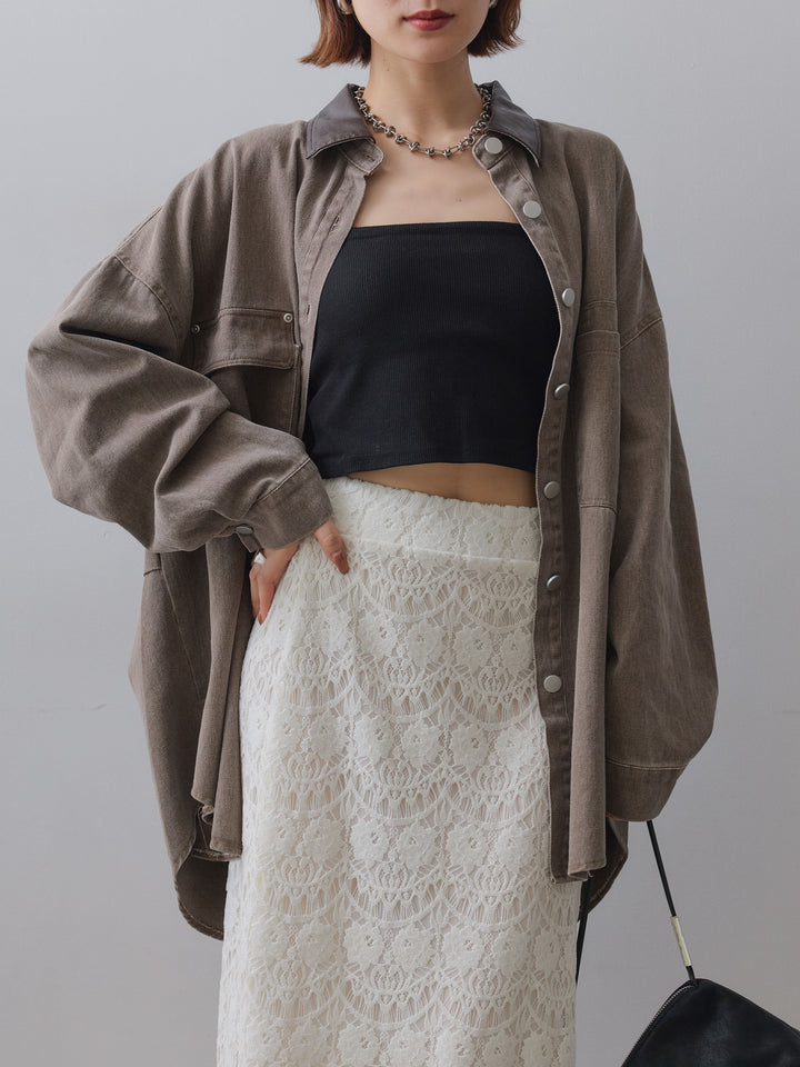 [予約]レザーカラーデザインポケットオーバーシャツ/brown