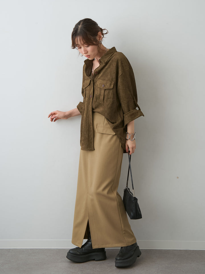 [SET]スウェードタッチWポケットシャツ+クレープデシンフラップ付きストレートスカート(2set)
