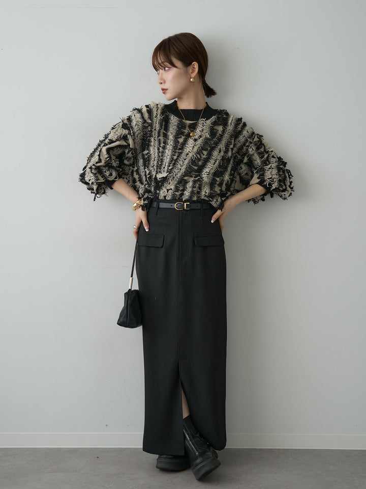 [SET]フリンジジャガードニットプルオーバー+クレープデシンフラップ付きストレートスカート(2set)