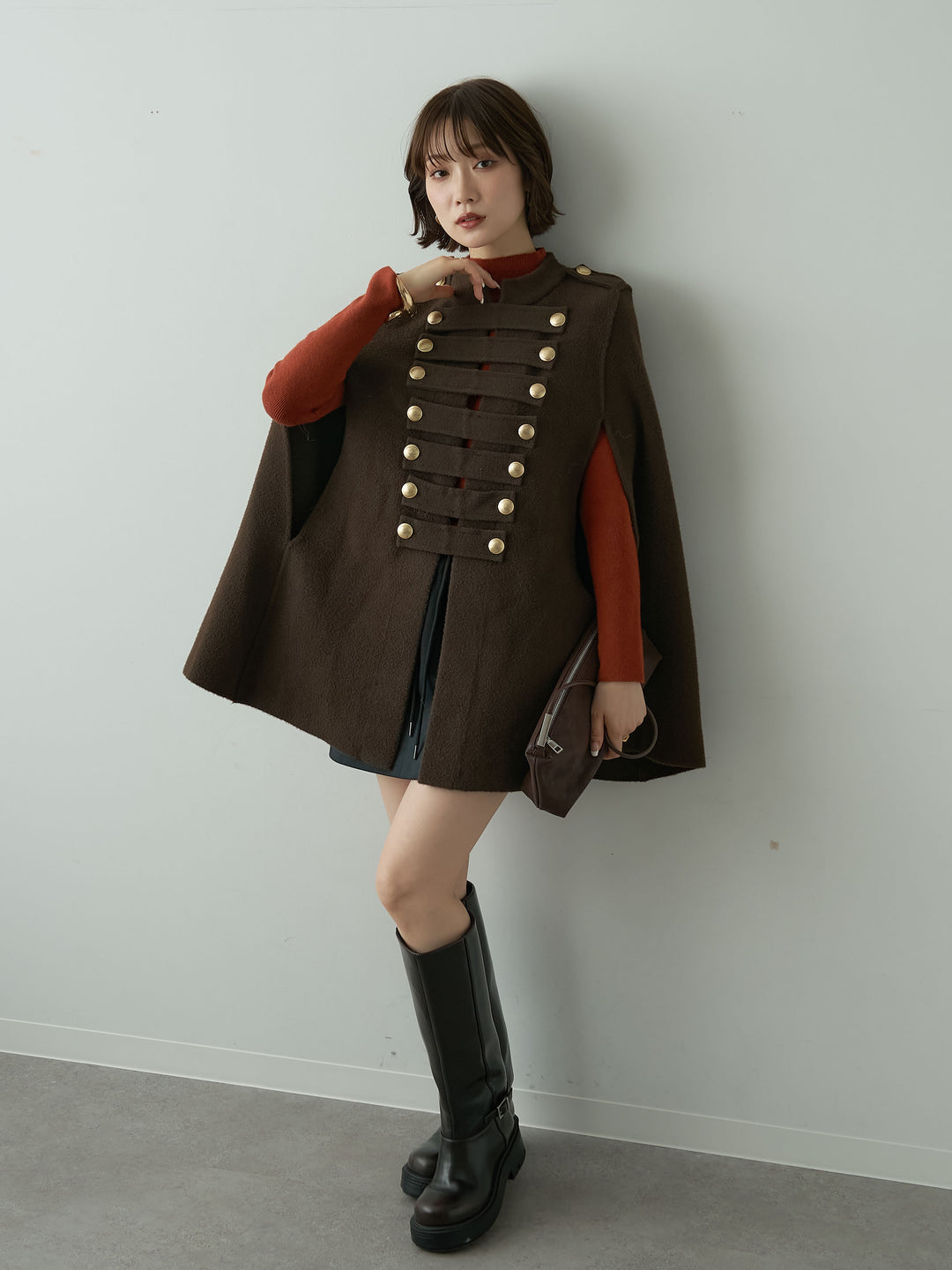 [SET]ゴールドボタンナポレオンケープ+グラデーションスウェットミニスカート(2set)