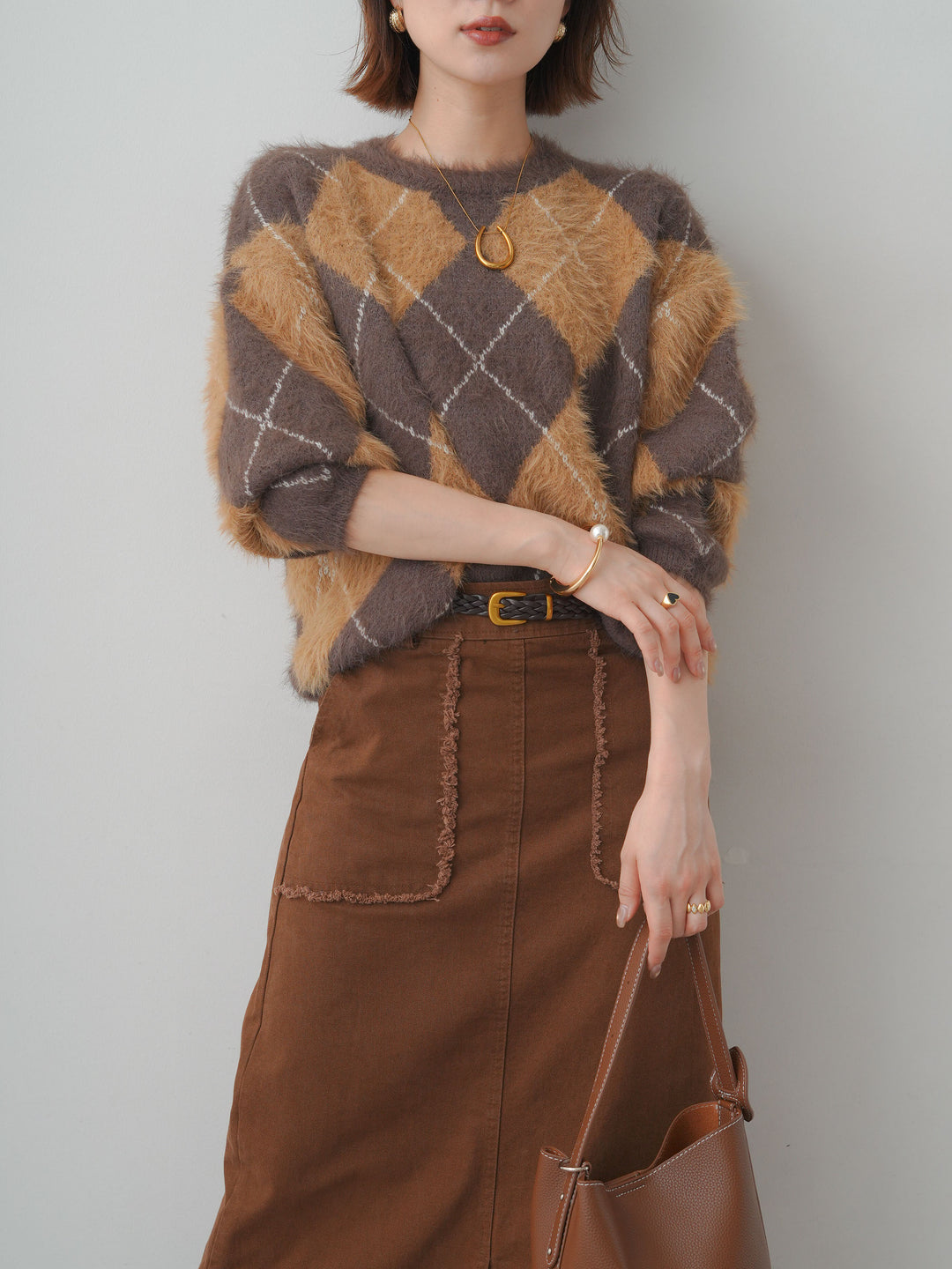 [予約]アーガイルシャギーニットトップス/brown
