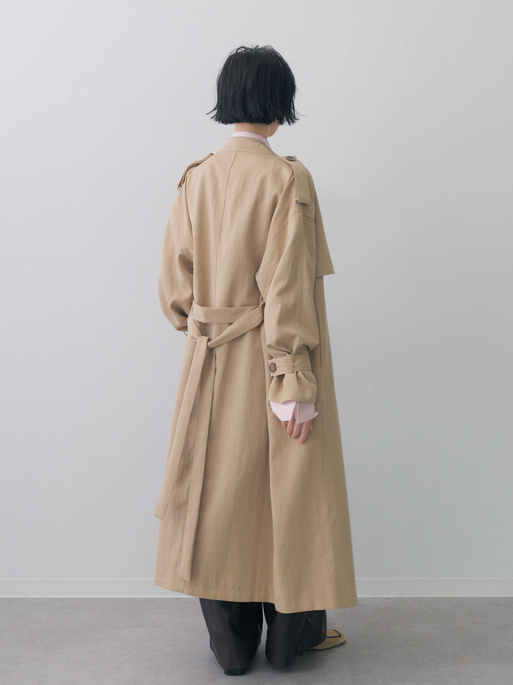 [SET]ミニラペルアシンメトリーロングトレンチ+フェイクレザーワイドパンツ(2set)