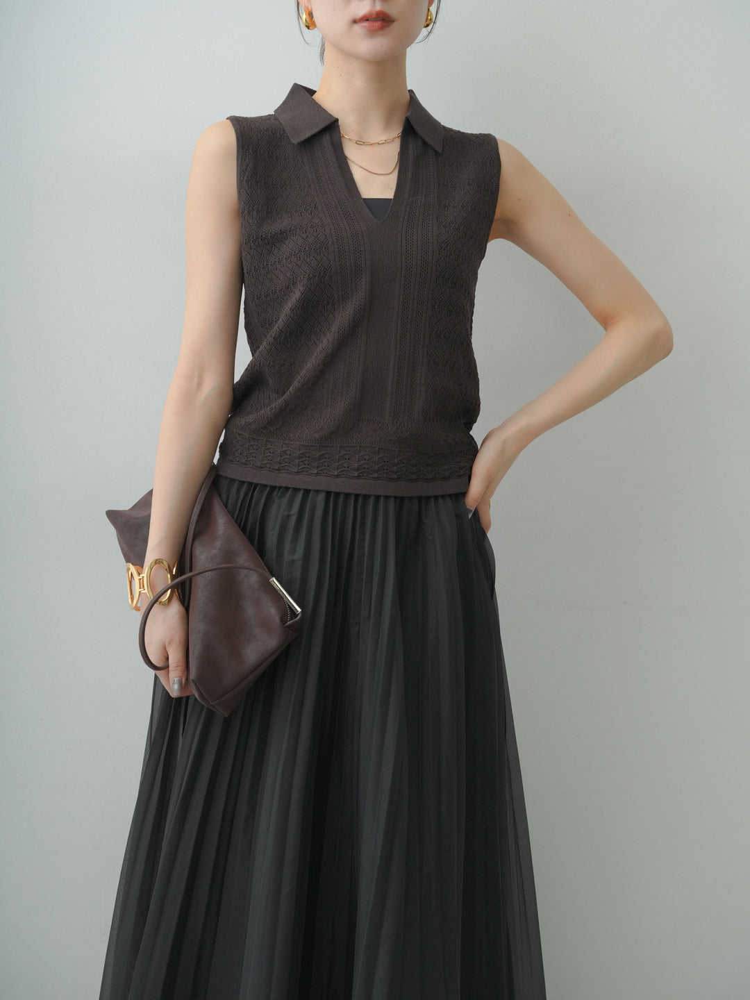 [予約]スキッパーカラー透かし編みニットトップス/brown