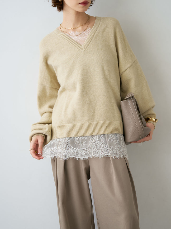 [予約]アルパカタッチレースドッキングVネックニットトップス/beige