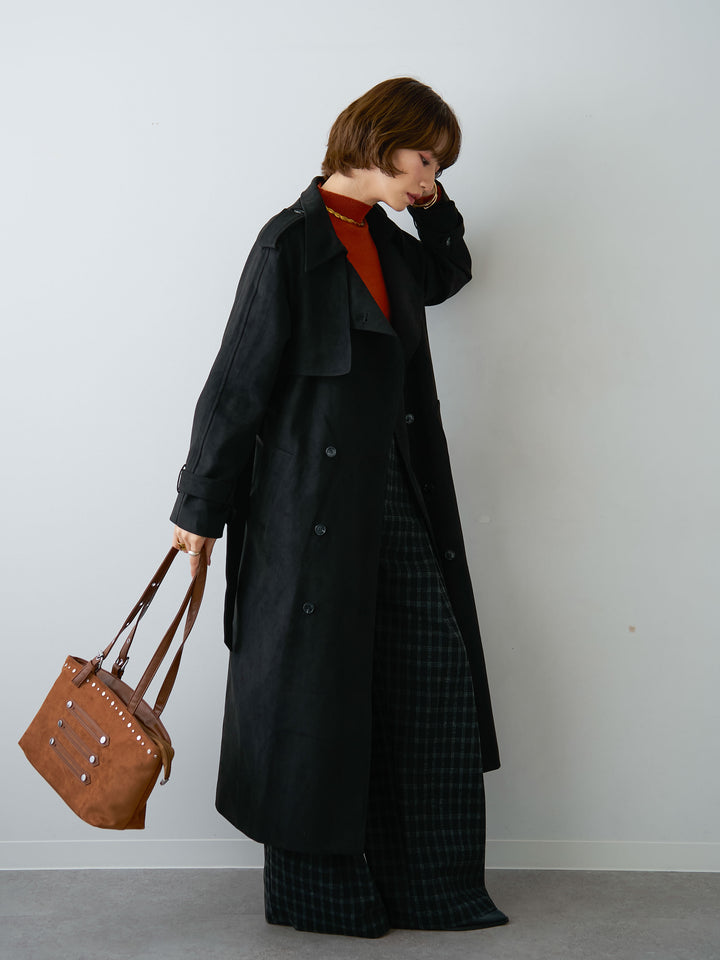[SET]スウェードタッチロングトレンチコート+リブモックネックニットトップス(2set)