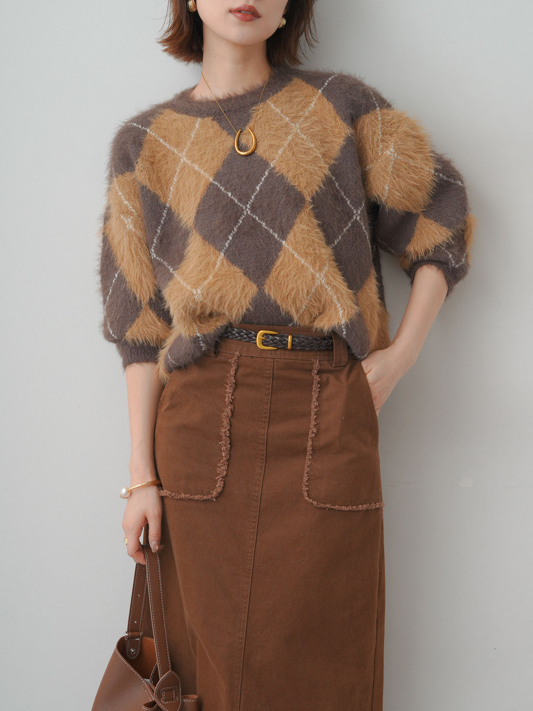 [予約]アーガイルシャギーニットトップス/brown