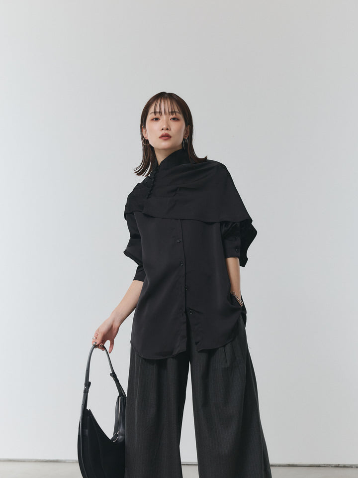【Allure】[SET]ケープ付サテンシャツ+ウールライクストライプワイドパンツ(2set)