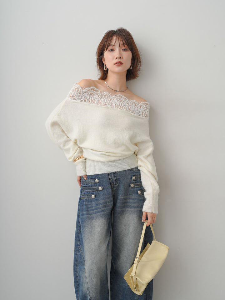 [予約]ショルダーレースオフショルニットトップス/white