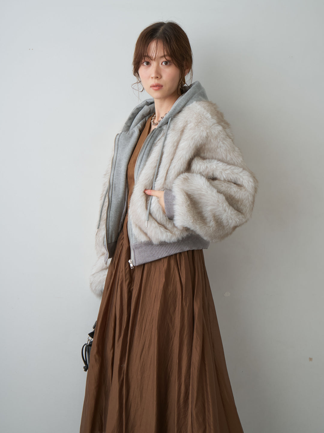 [予約]スウェードタッチ切り替えフレアワンピース/brown