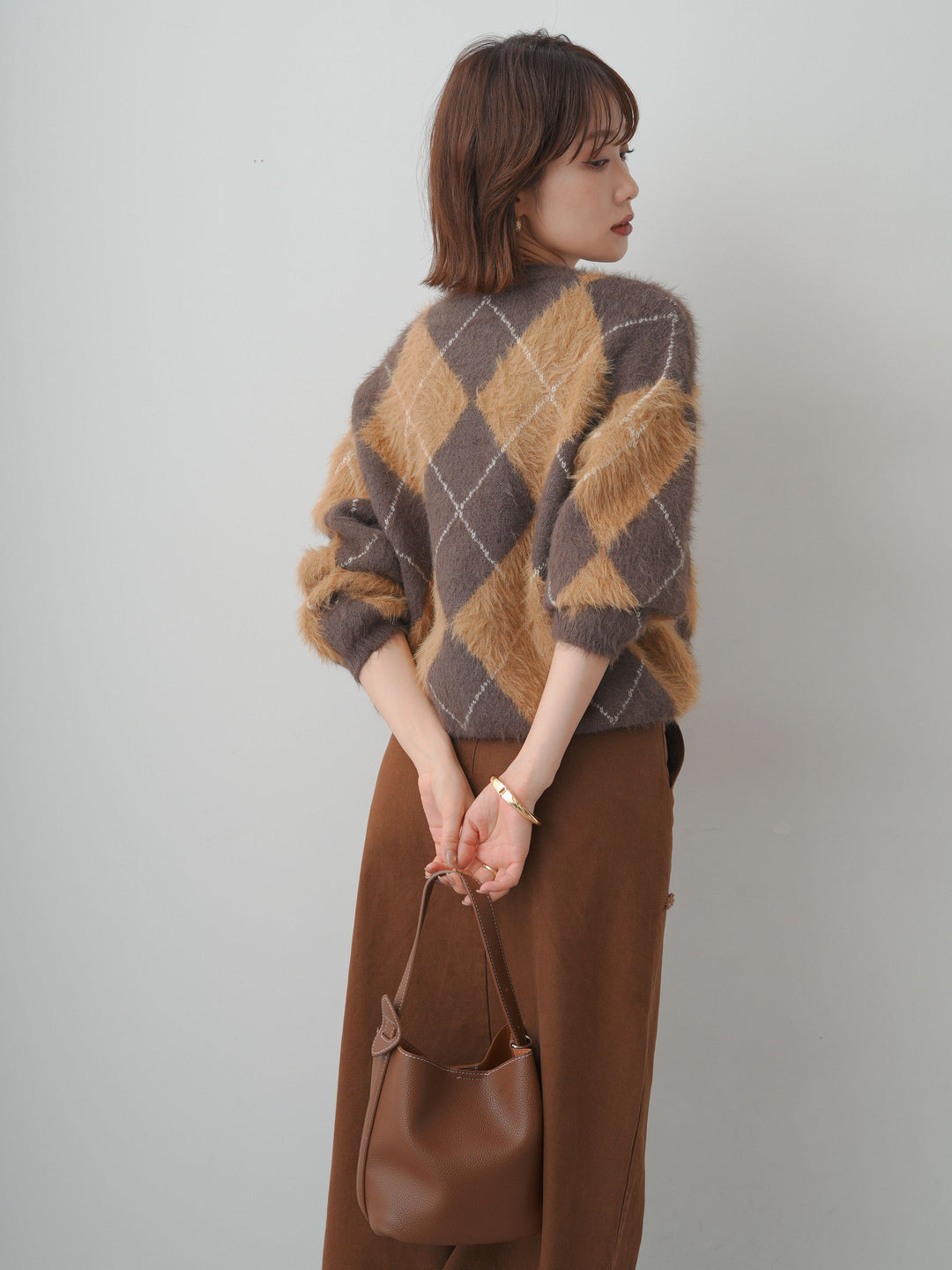 [予約]アーガイルシャギーニットトップス/brown