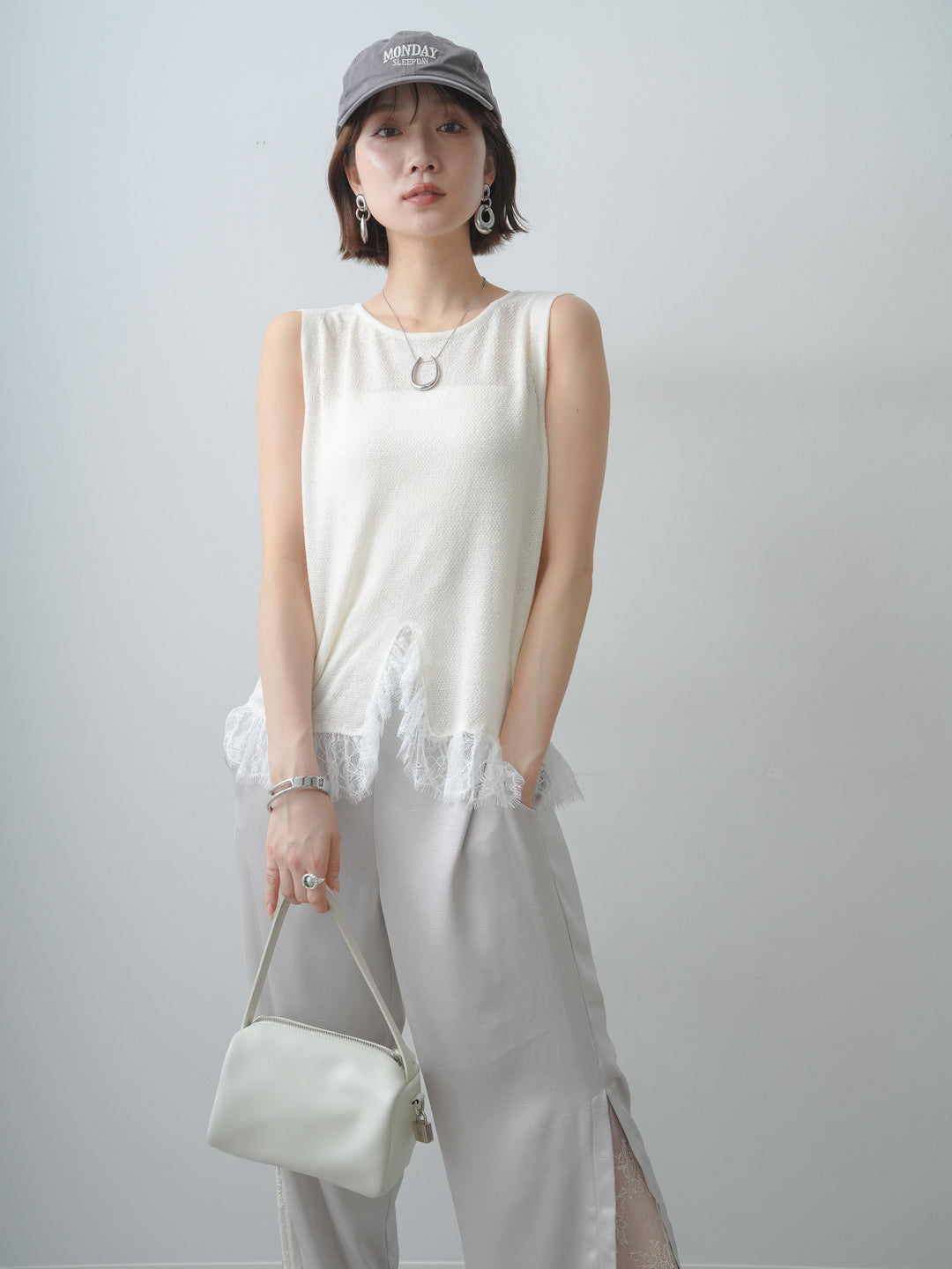[予約]レースドッキングノースリニットトップス/ivory