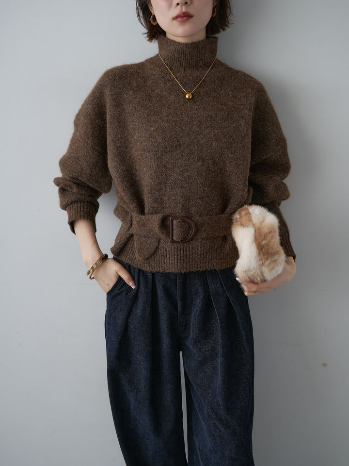[予約]ウエストベルトハイネックニットトップス/brown