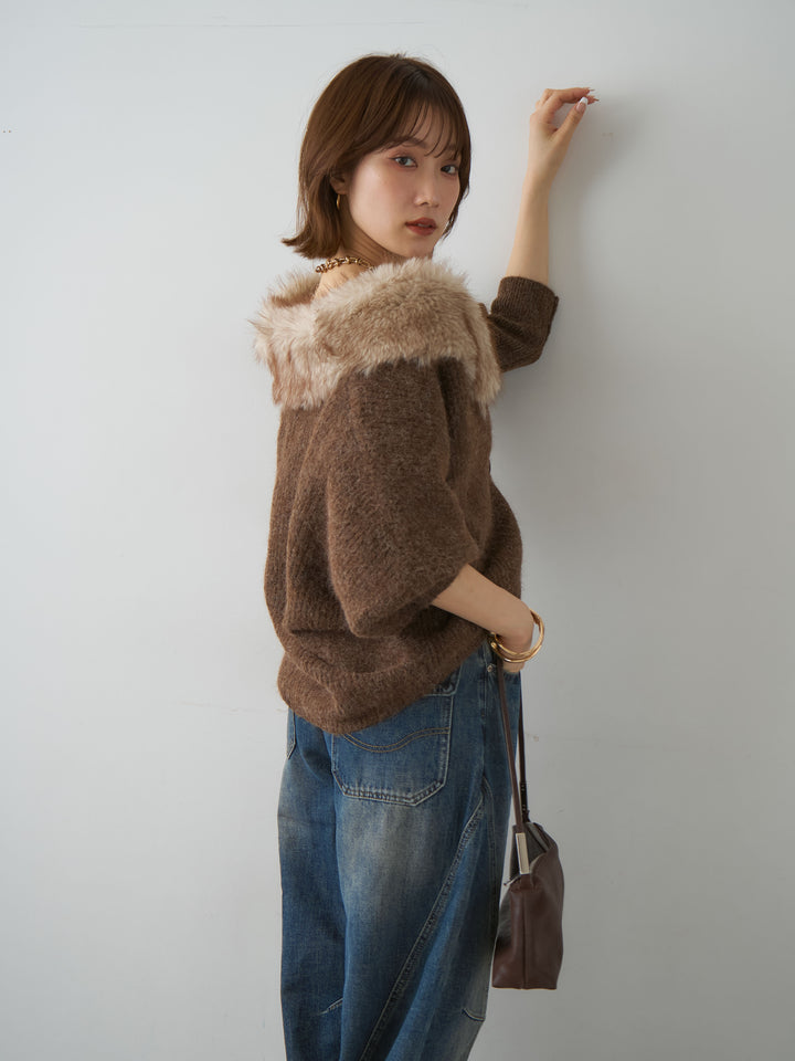 [予約]ファーカラードルマンリブニットカーディガン/brown