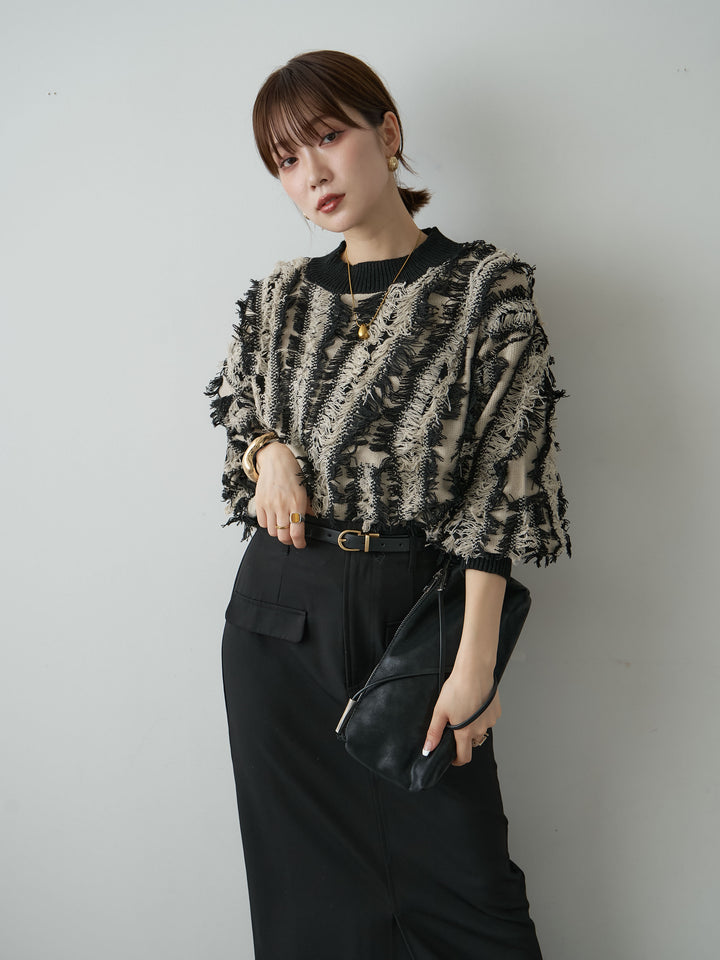 [SET]フリンジジャガードニットプルオーバー+クレープデシンフラップ付きストレートスカート(2set)