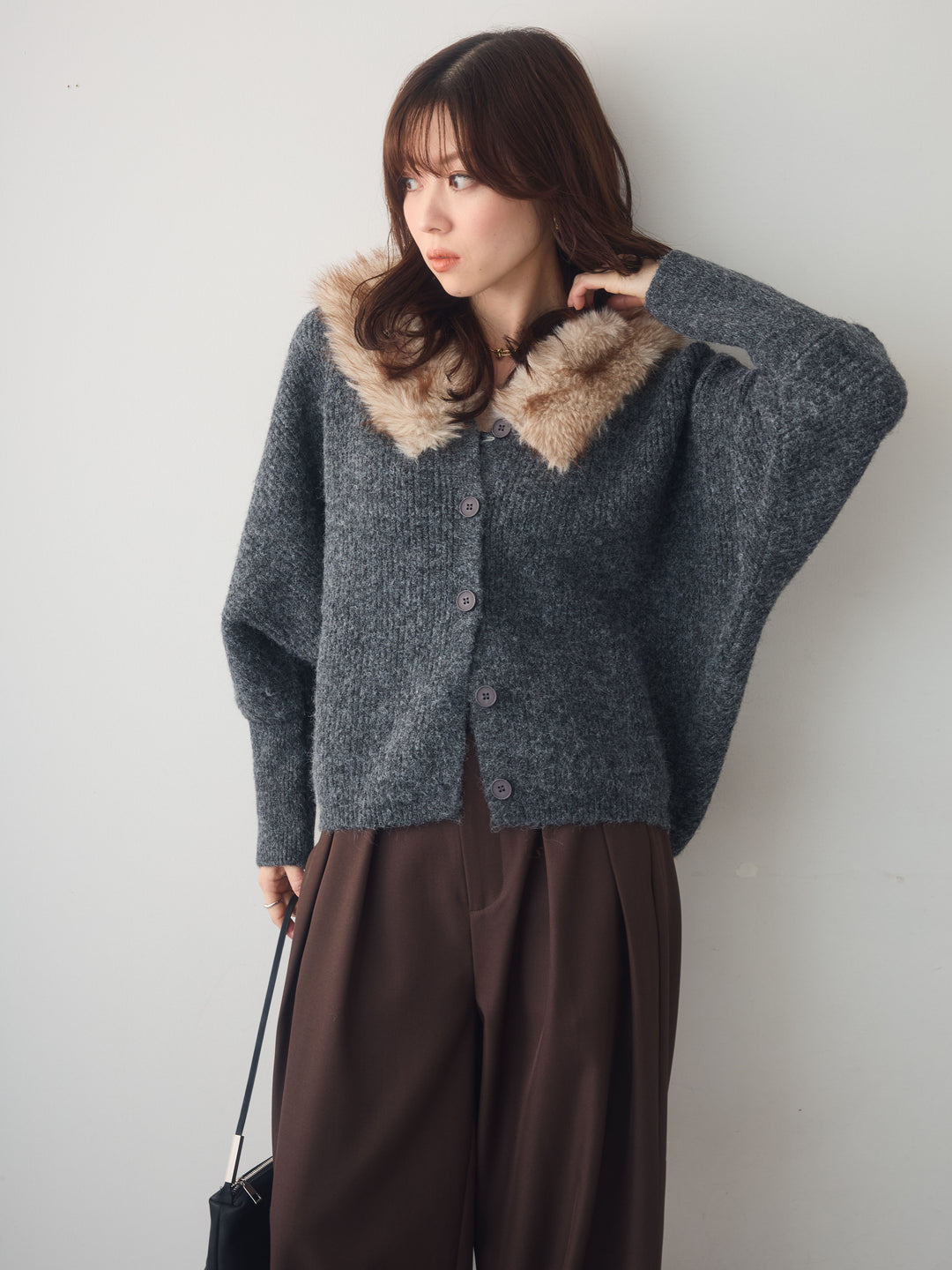 【套裝】毛領蝙蝠袖羅紋針織開襟衫 + 毛領蝙蝠袖羅紋針織開襟衫（兩件套）