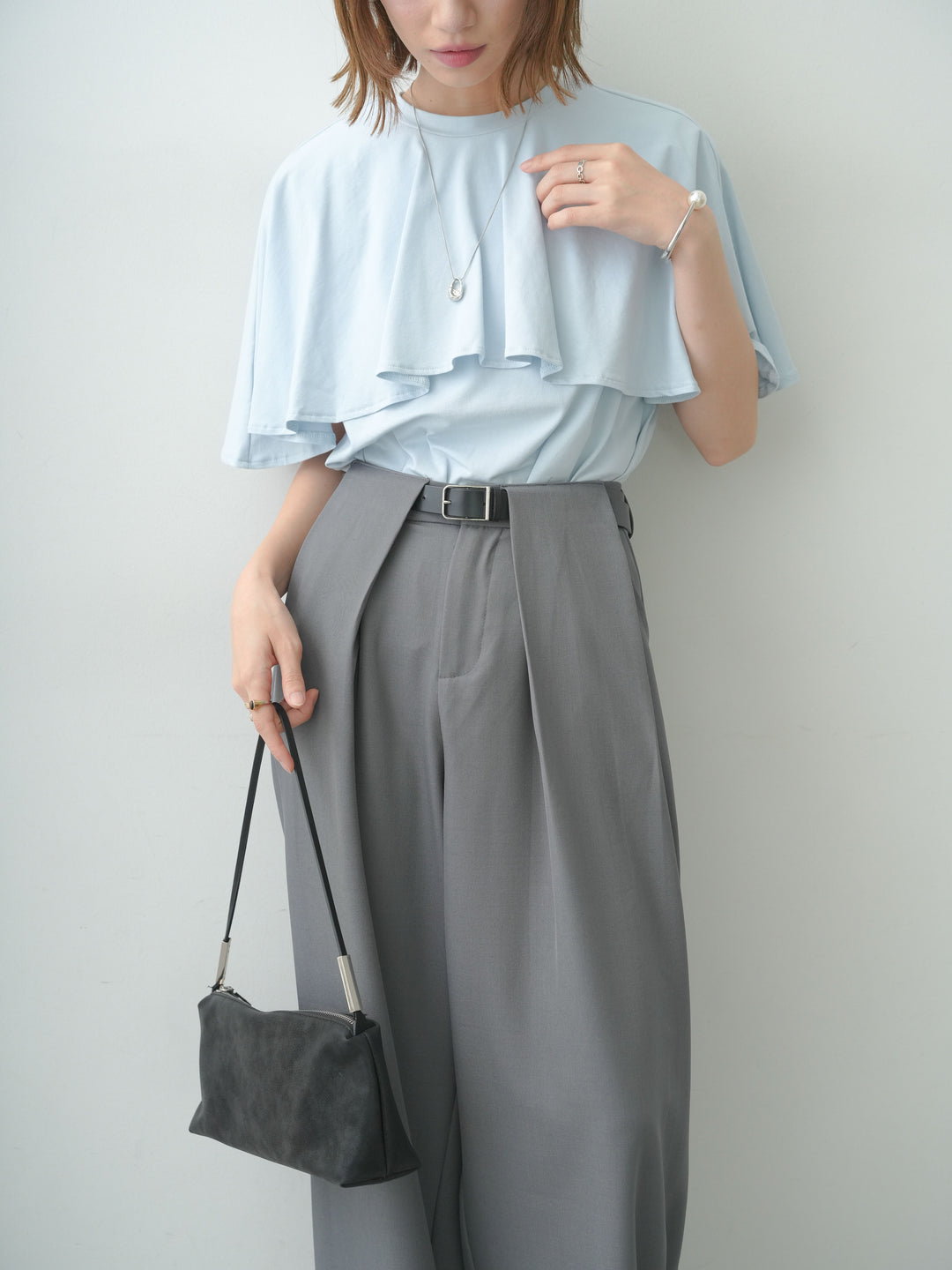 [SET]前後2wayケープTEE+ベルトループデザインワイドパンツ(2set)