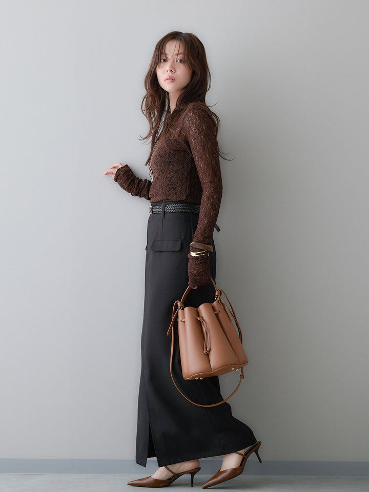 [SET]メッシュレースバックオープントップス+クレープデシンフラップ付きストレートスカート(2set)