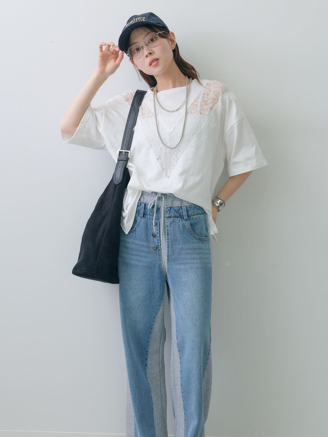 [SET]レース切替ビッグTEE+デニム切替スウェットパンツ(2set)