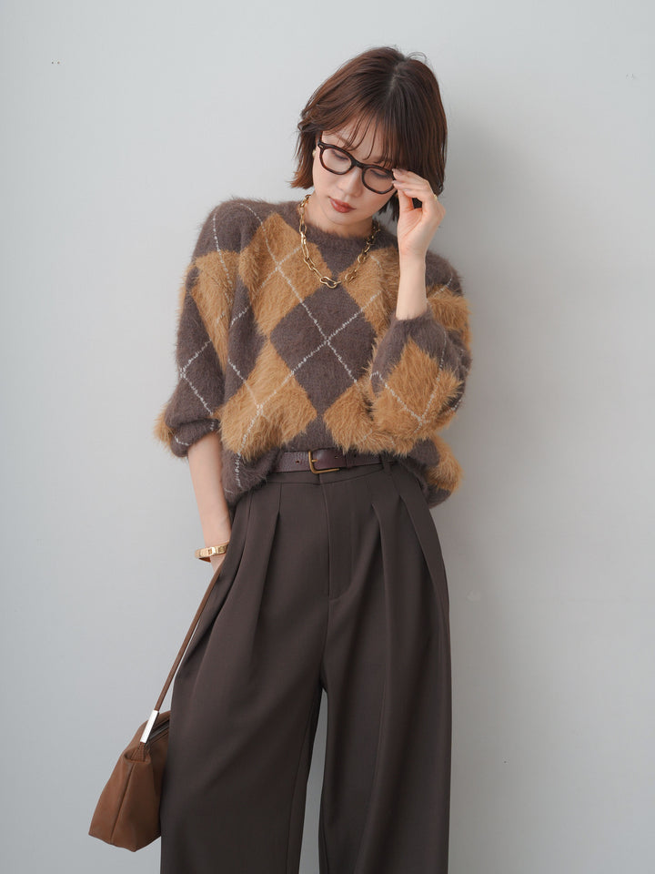 [予約]アーガイルシャギーニットトップス/brown