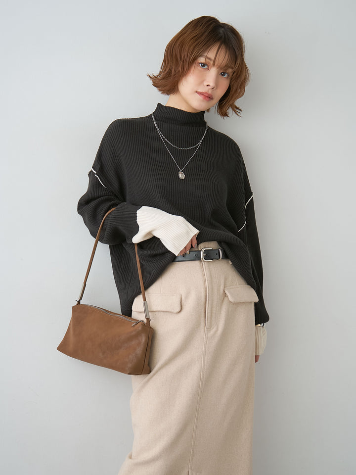 [予約]バイカラーモックネックリブニットトップス/black