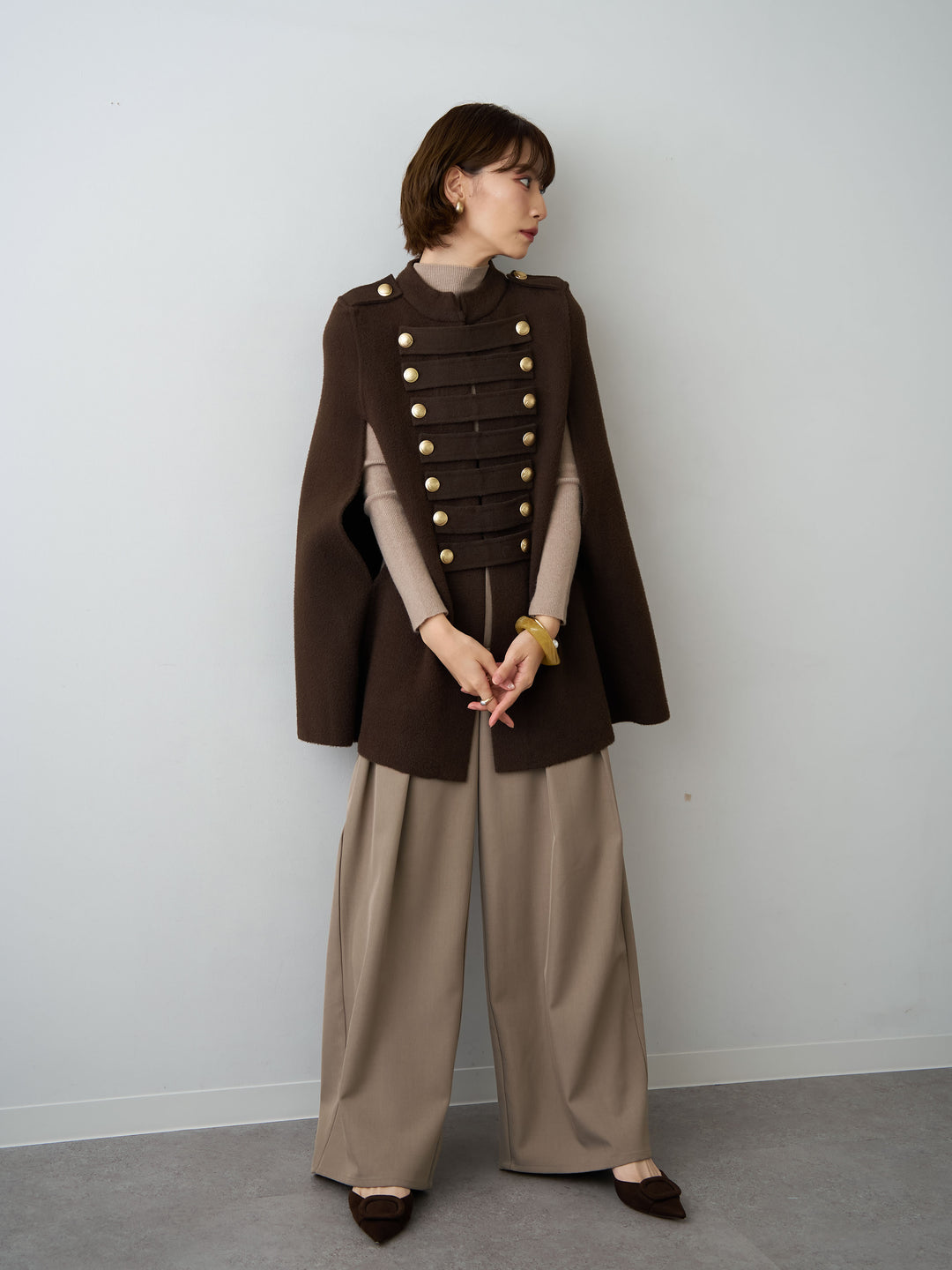 [SET]ゴールドボタンナポレオンケープ+ツイルタックワイドパンツ(2set)