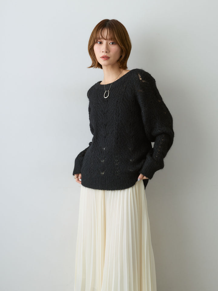 [予約]前後2WAY透かし編みケーブルニットトップス/black